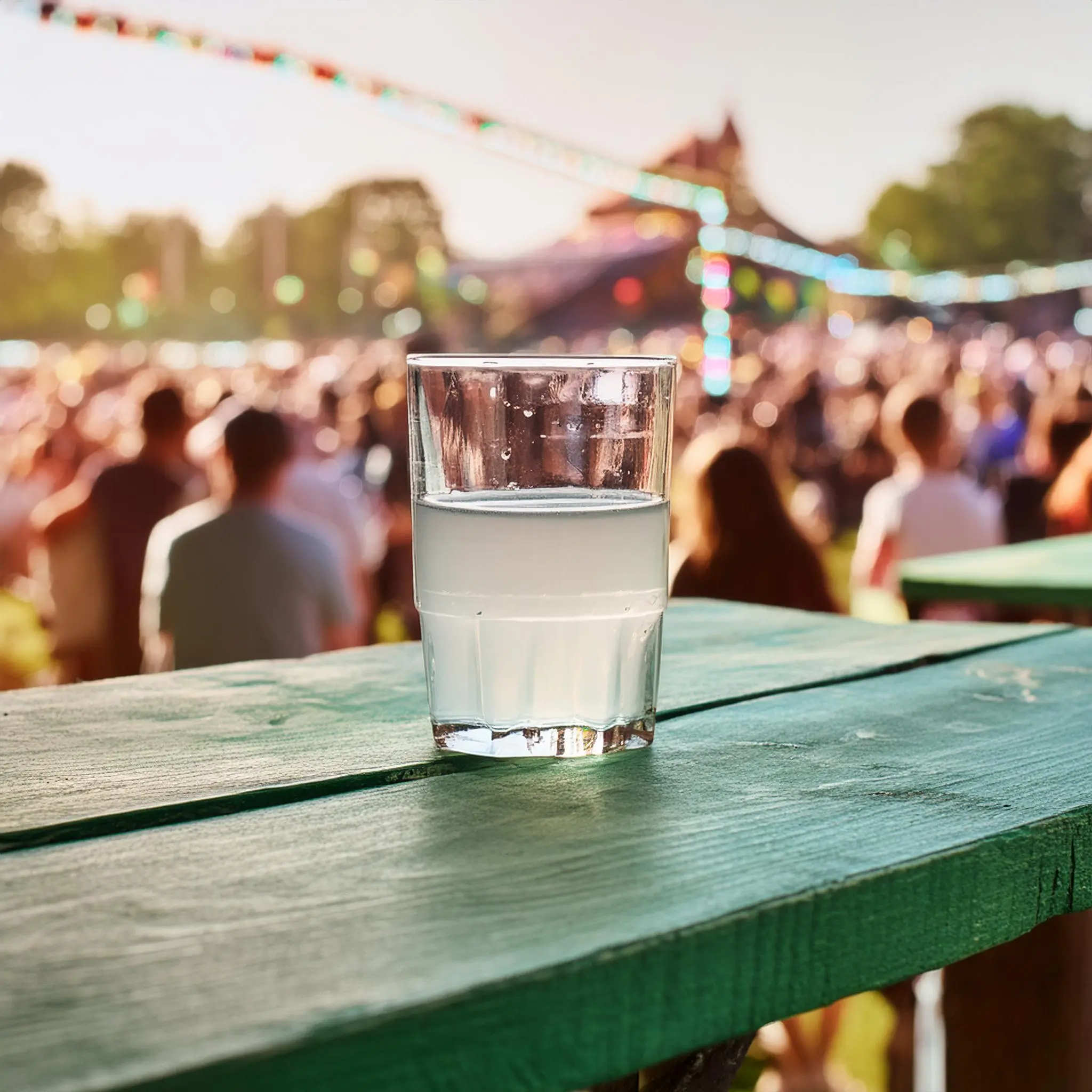 Een glas limonade staat op een groene houten tafel op een openluchtfestival. De achtergrond toont een grote menigte mensen en kleurrijke lichtslingers, met bomen en levendig zonlicht zichtbaar, wat de sfeer versterkt waar NMN-enthousiastelingen samenkomen om te vieren.