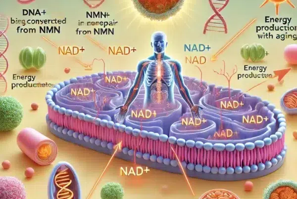 Diagram dat de rol van NMN en NAD+ in menselijke cellen toont, inclusief hun invloed op DNA-reparatie, energieproductie in mitochondriën en anti-verouderingseffecten.