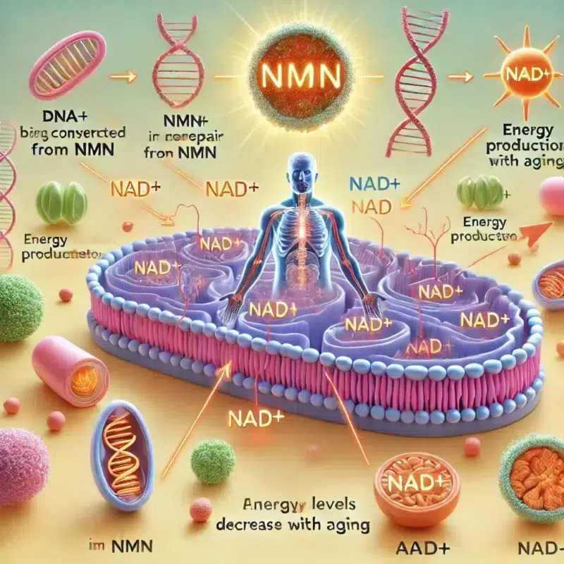 Diagram dat de rol van NMN en NAD+ in menselijke cellen toont, inclusief hun invloed op DNA-reparatie, energieproductie in mitochondriën en anti-verouderingseffecten.