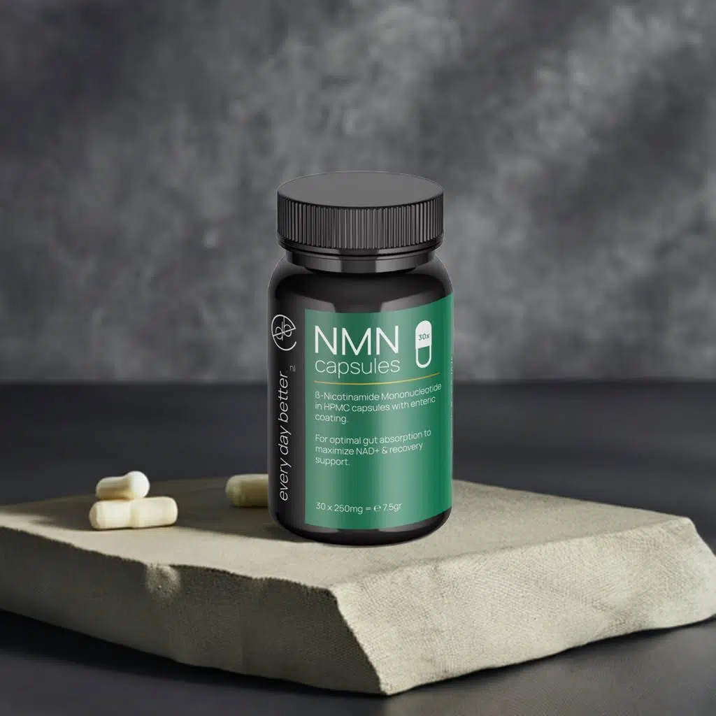 NMN supplement kopen met infographic die laat zien hoe NMN in het lichaam wordt omgezet naar NAD+ voor celvernieuwing