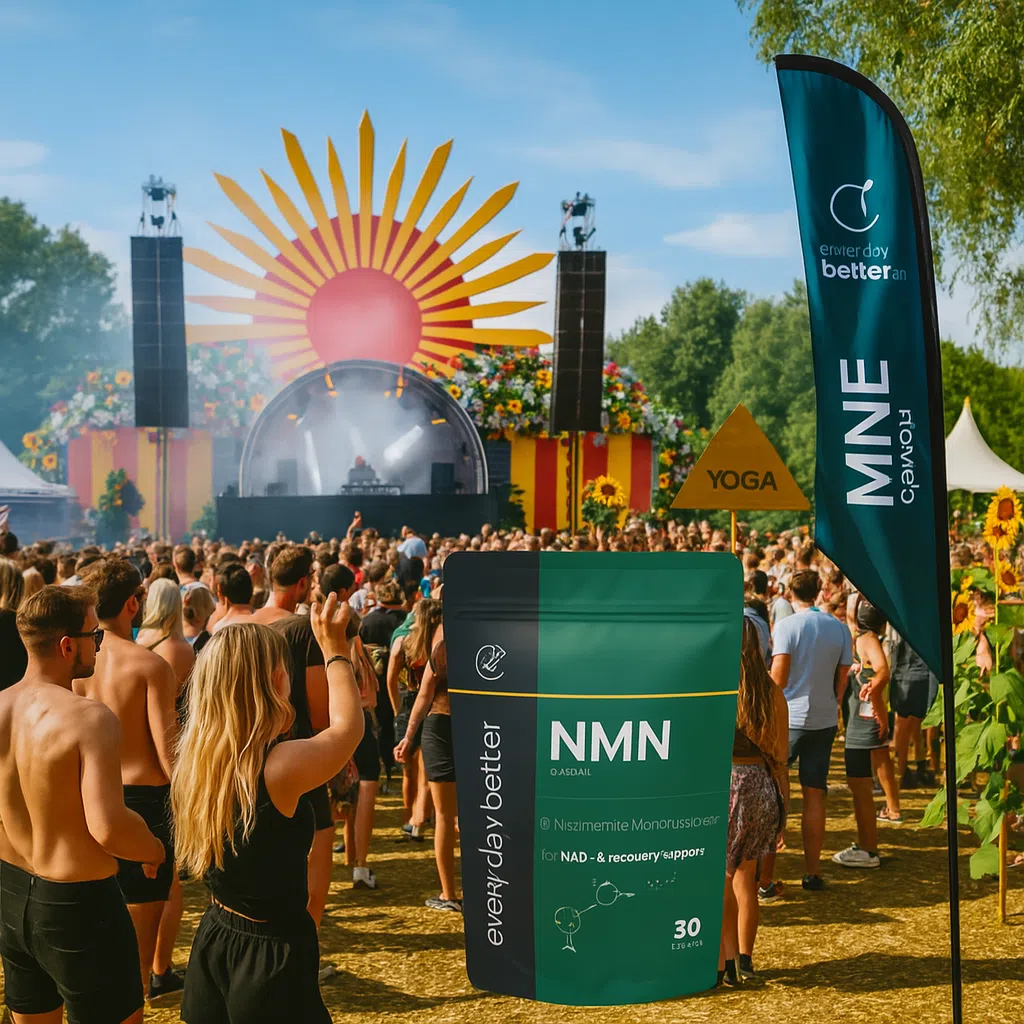 Op een zonovergoten Nederlands festival staat een grote zak EveryDayBetter NMN-poeder prominent afgebeeld voor een bruisend podium met dansend publiek, bloemen en een wellnesshoek met yoga.
