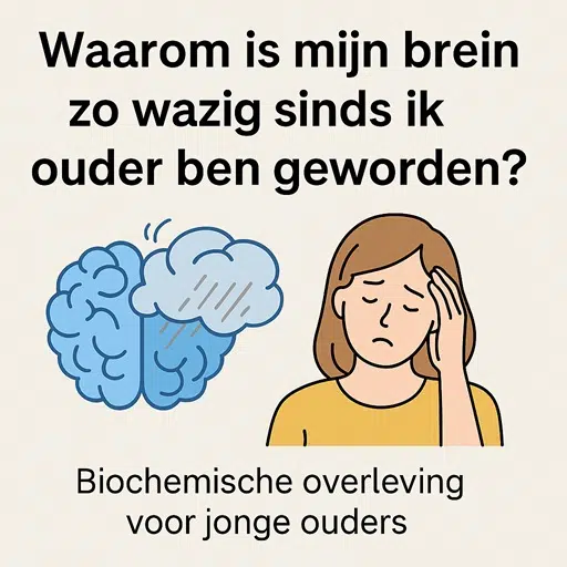 Digitale illustratie met de tekst “Waarom is mijn brein zo wazig sinds ik ouder ben geworden?”, een hersenhelft in de mist en een vermoeide ouder die haar hoofd vasthoudt – blog over mentale helderheid bij jonge ouders.