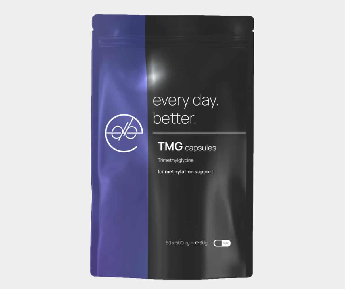 Front of the Every Day Better TMG capsules packaging with trimethylglycine for methylation support.