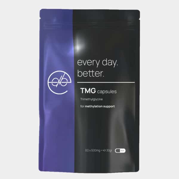 Voorkant van de Every Day Better TMG capsules verpakking met trimethylglycine voor methylatie-ondersteuning.