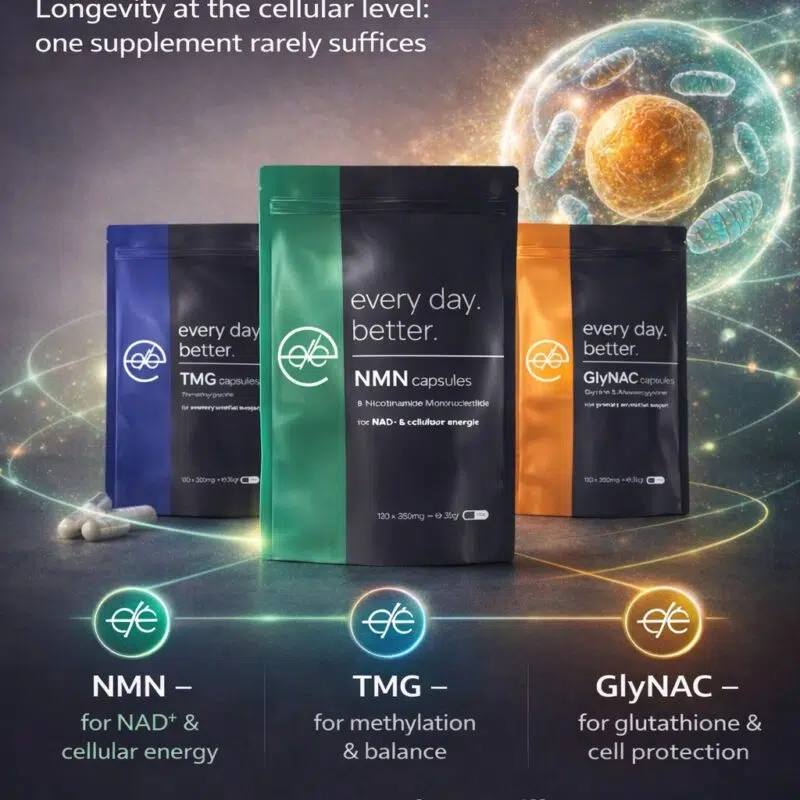 Longevity at the cellular level explained with NMN, TMG and GlyNAC as a complementary supplement system