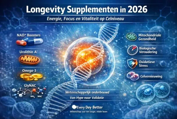 Longevity supplementen in 2026 voor energie, focus en vitaliteit op celniveau, met NAD+ boosters, urolithin A, omega-3 en mitochondriale gezondheid