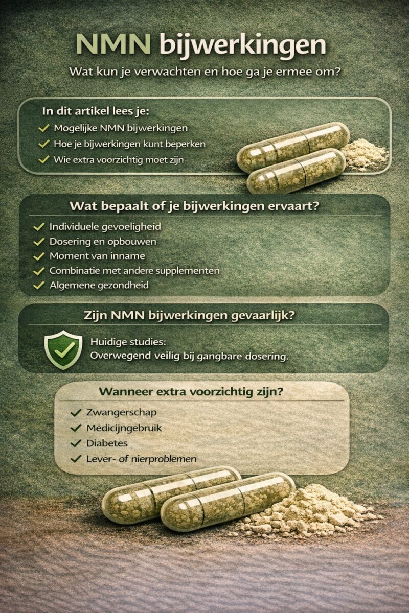 NMN bijwerkingen: wat kun je verwachten en hoe ga je ermee om? - Every Day Better Infographic over NMN bijwerkingen met uitleg over mogelijke klachten, veiligheid, factoren die invloed hebben op bijwerkingen en wanneer extra voorzichtigheid nodig is.