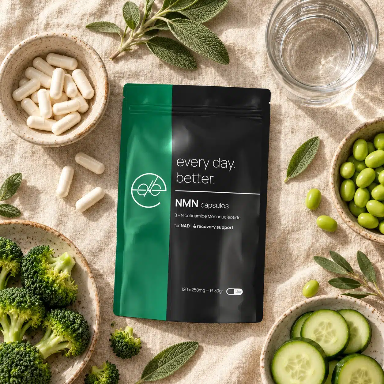 Every Day Better NMN capsules op linnen met een schaaltje witte capsules, broccoli, komkommer, edamame en een glas water