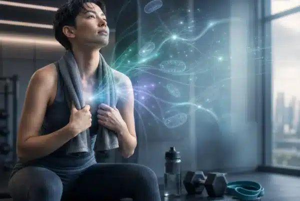 Best supplement for sports recovery: athlete after training with an illustration of glowing mitochondria
