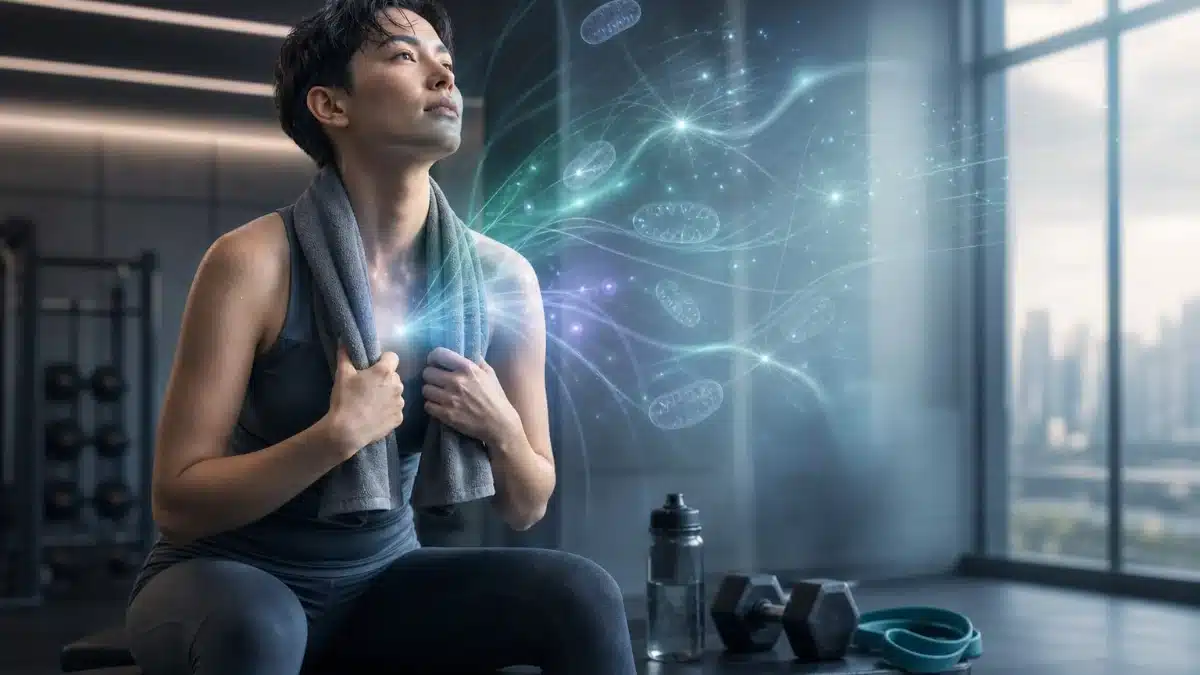 Best supplement for sports recovery: athlete after training with an illustration of glowing mitochondria