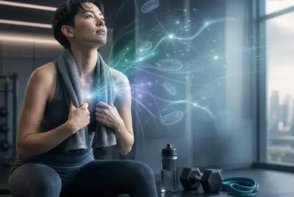 Beste supplement voor sportherstel: sporter na de training met een illustratie van oplichtende mitochondriën