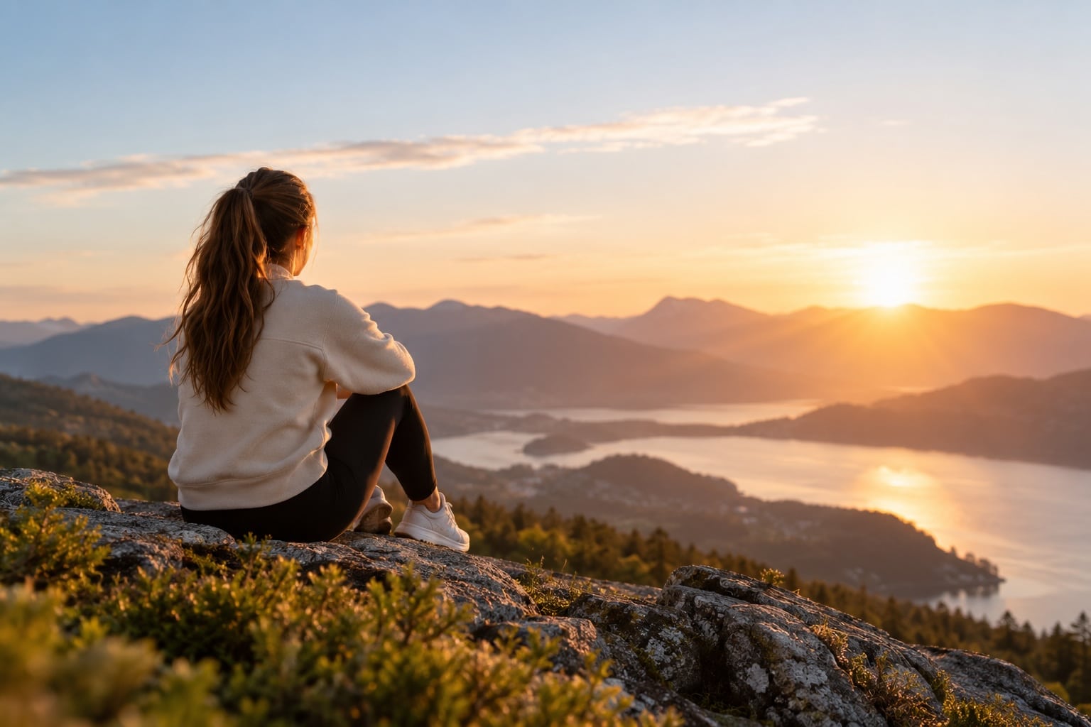Vrouw kijkt bij zonsondergang uit over bergen en een meer
