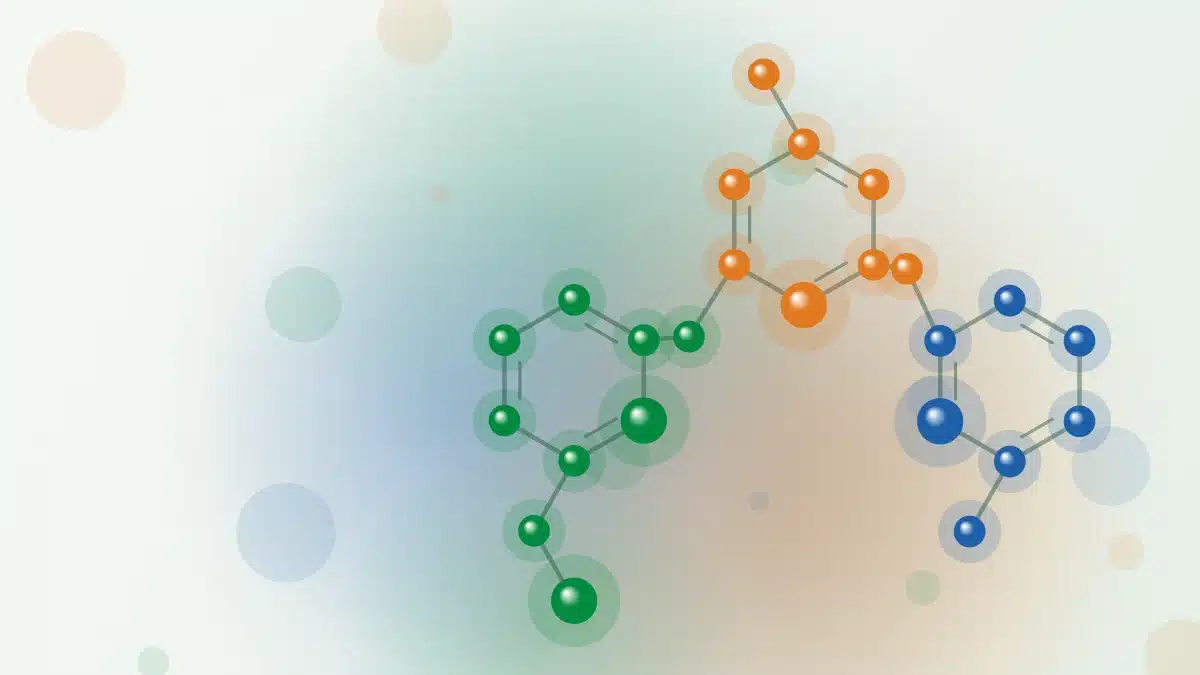 Abstract illustration of three connected molecular structures in the colours of NMN, TMG and GlyNAC – for the article: Longevity supplements in 2026: what helps with energy and fatigue?