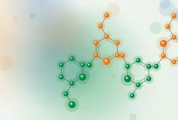 Abstracte illustratie van verbonden molecuulstructuren – bij het artikel: NMN & TMG Bundel: wat de nieuwste wetenschap (2026) zegt over deze longevity-combinatie