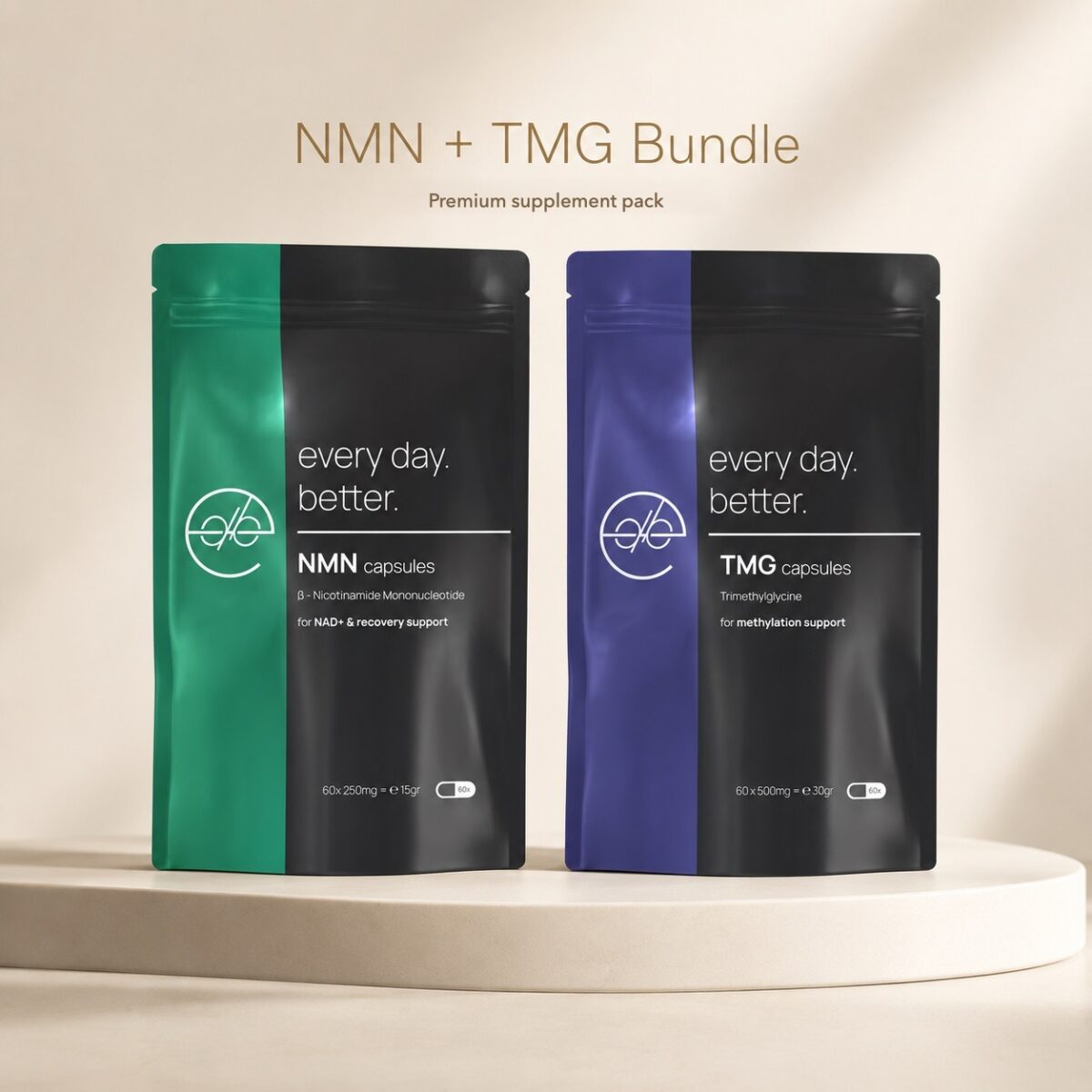 NMN and TMG bundle from Every Day Better with 60 NMN capsules and 60 TMG capsules