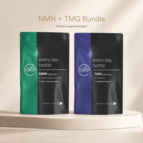 NMN and TMG bundle from Every Day Better with 60 NMN capsules and 60 TMG capsules