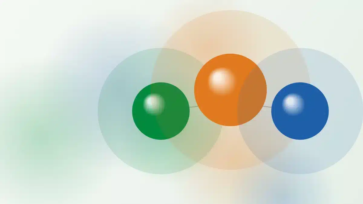 Illustratie van drie verbonden bollen in de kleuren van NMN, TMG en GlyNAC – bij het artikel: NMN, TMG en GlyNAC: de longevity stack voor NAD⁺, methylatie en glutathion in 2026